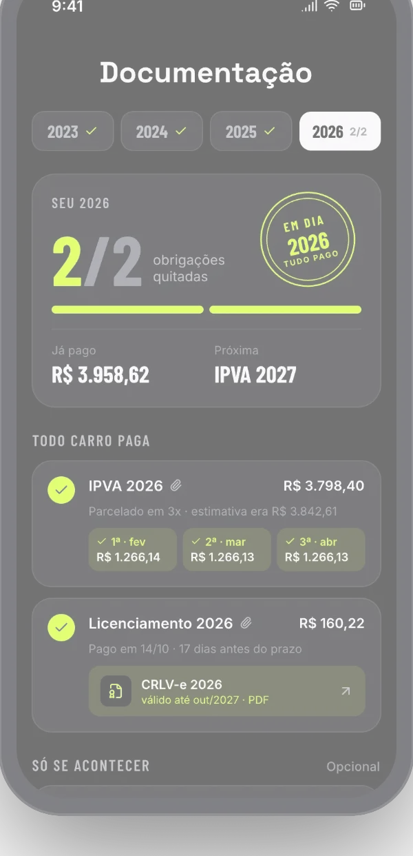 Tela de documentos do Auto Acervo, com CRLV, apólice e IPVA por ano