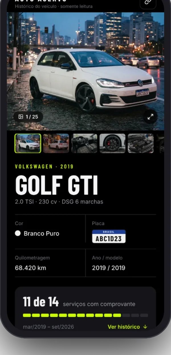 Página pública de um carro com o histórico verificado