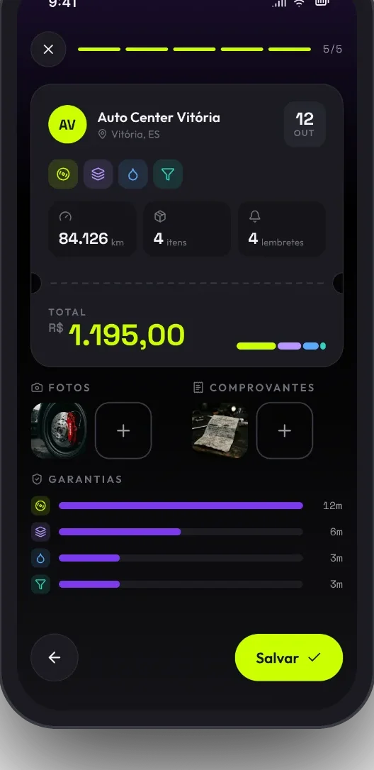 Tela de registro de um serviço com oficina, quilometragem e itens